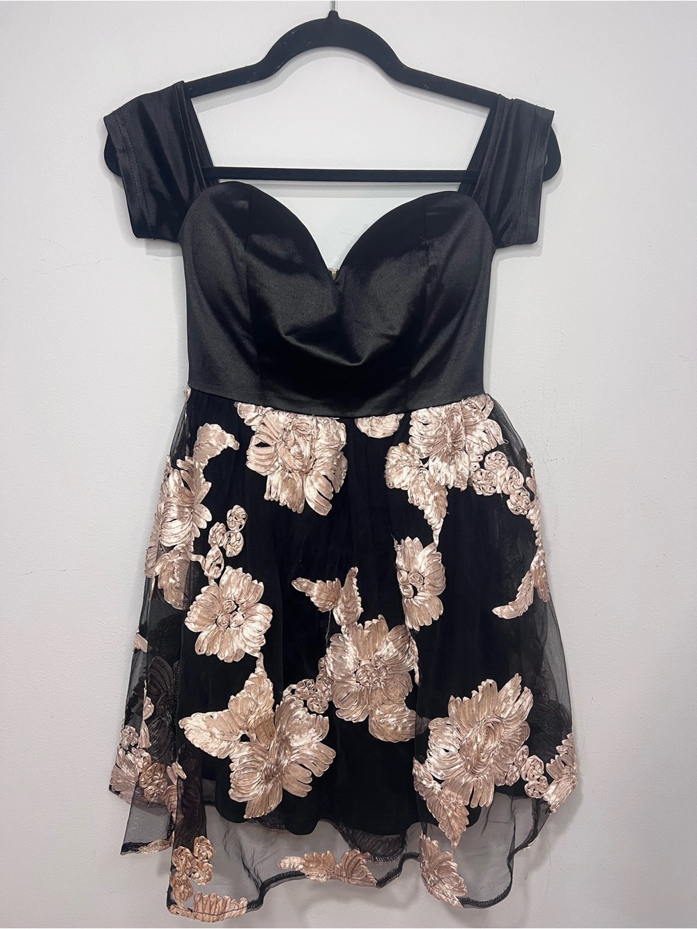 Papaya Black and Rose Gold Floral Off-Shoulder Mini Dress